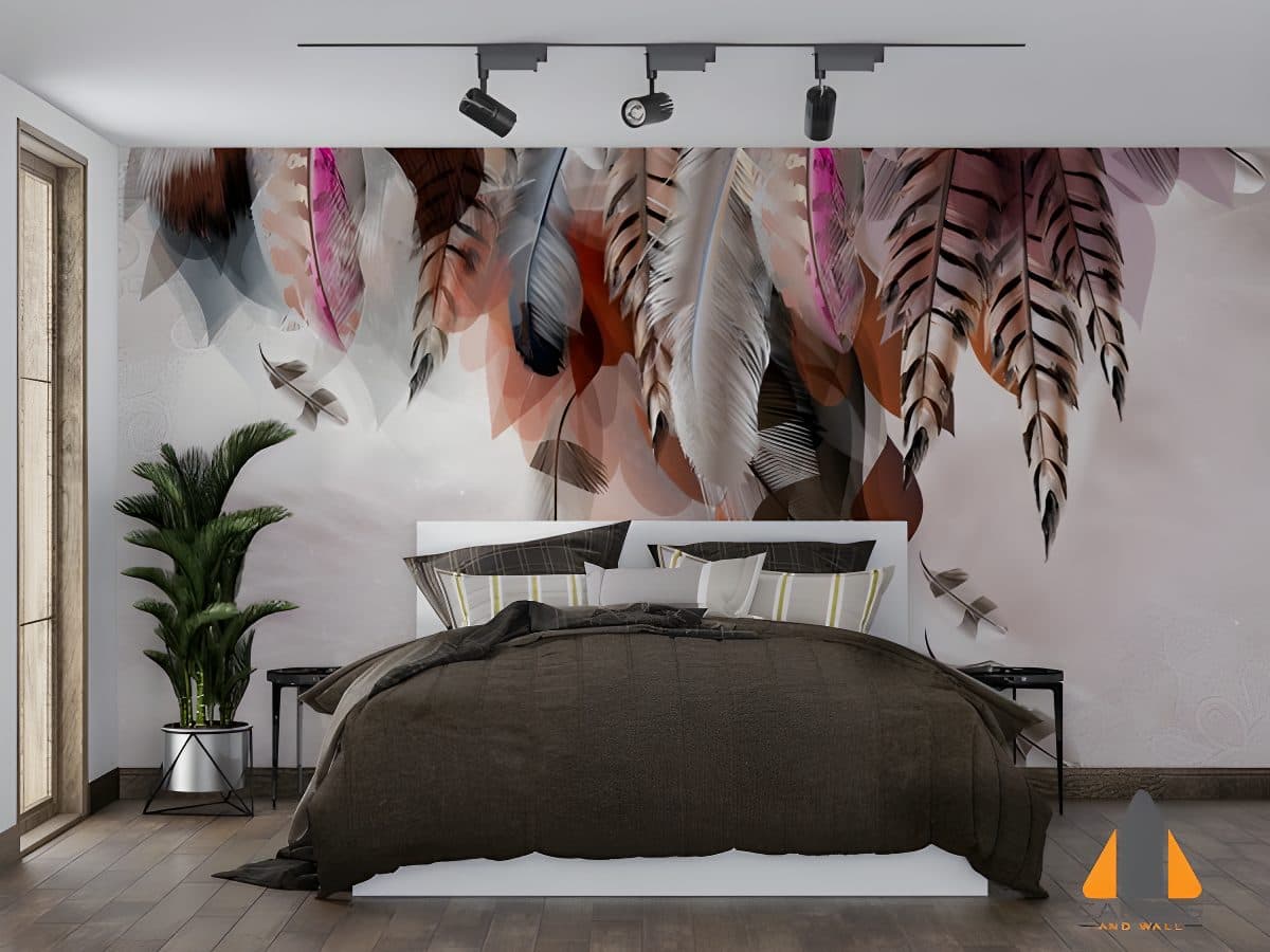 Bedroom with a feather wall mural, showcasing modern wallpaper installations.