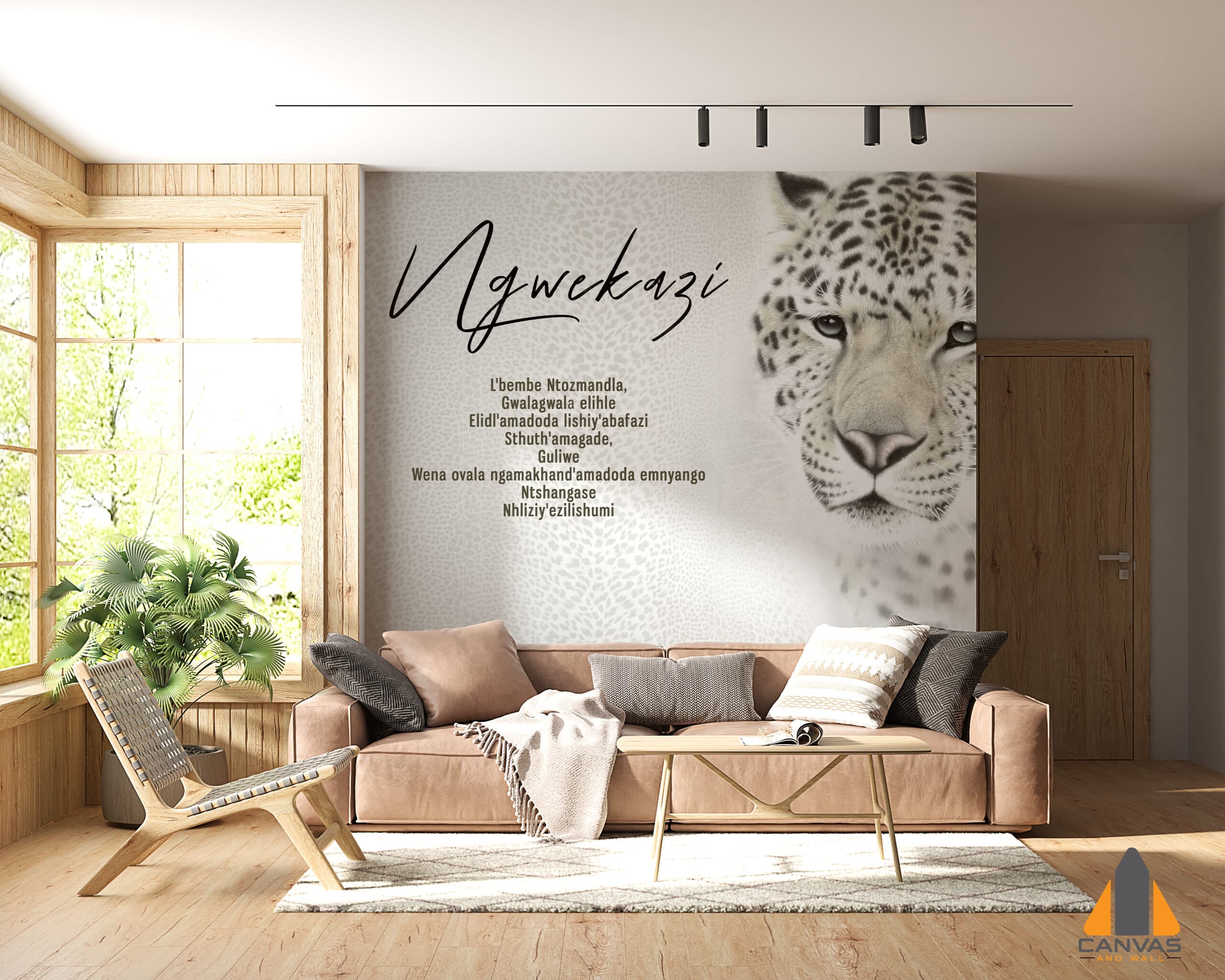 Ngwekazi clan names wall mural with a leopard in a light-filled living room, ideal for wallpaper installations in Gauteng.