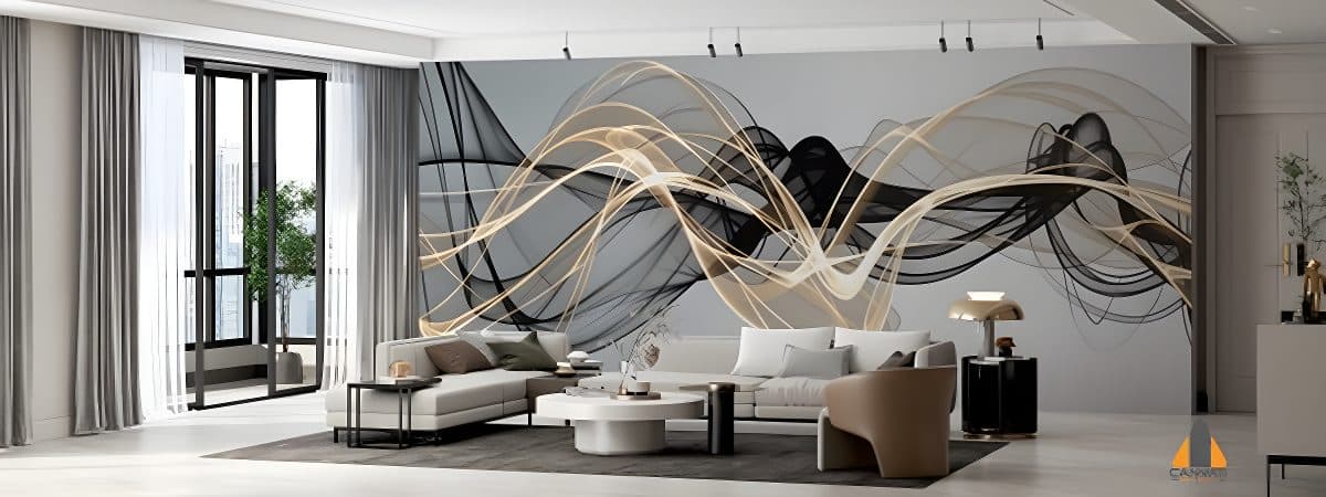 Modern living room with a striking black and gold swirl custom wallpaper.