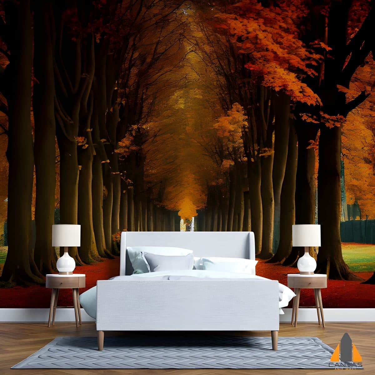 Canopy of autumn trees wall mural in a bedroom, with wallpaper installations in Gauteng.