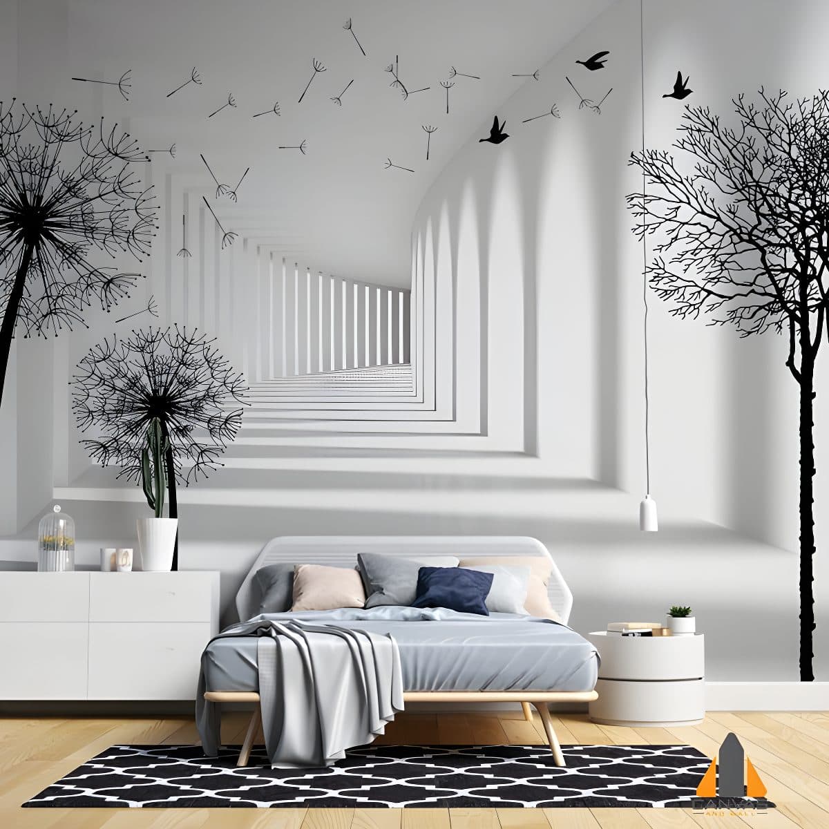 Monochromatic dandelion and tree wall mural in a modern bedroom with a 3D hallway effect
