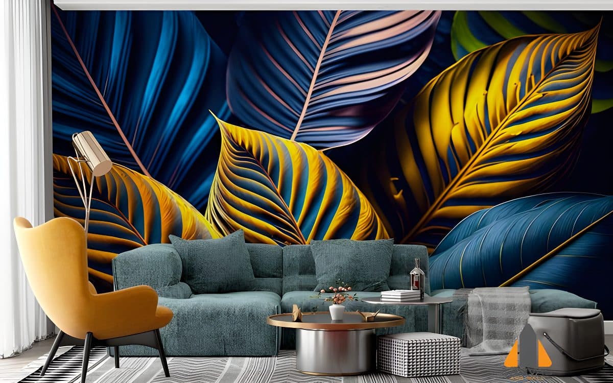 Vibrant blue and gold tropical leaves wall mural in a modern living room setting, ideal for wallpaper installations in Gauten