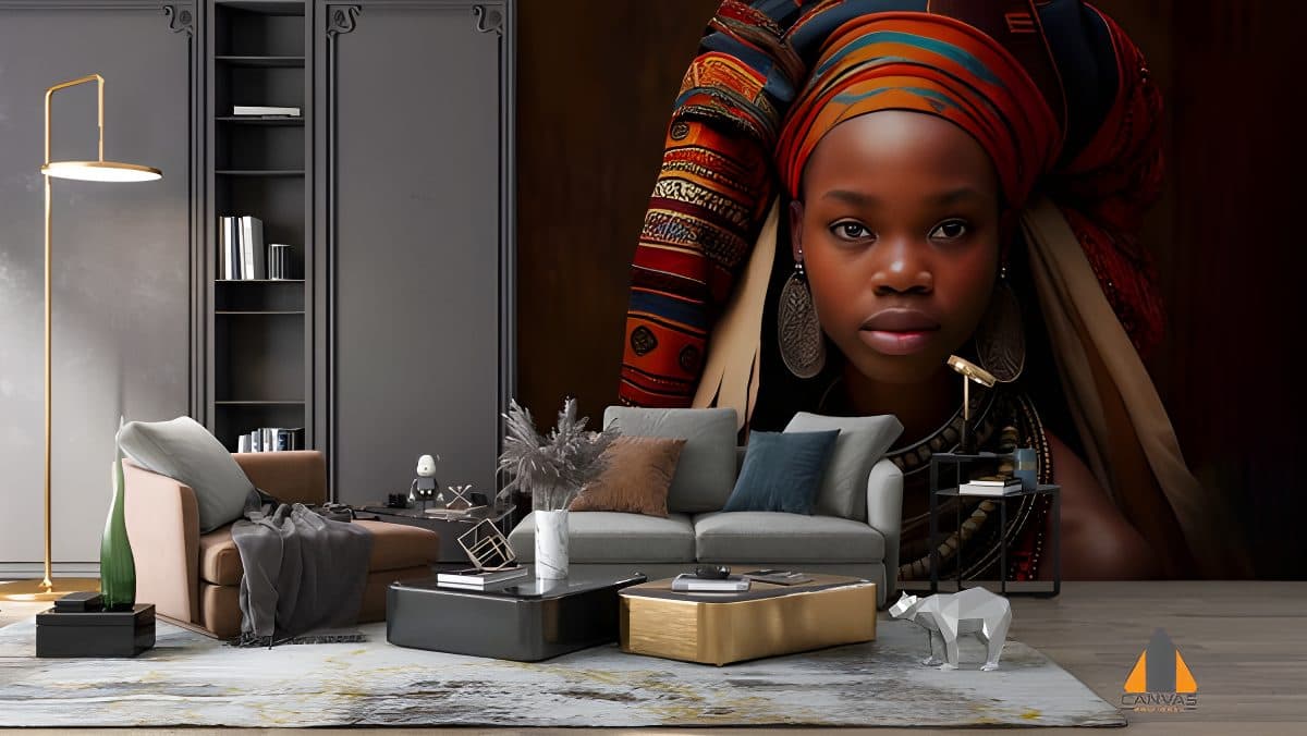 African woman with rhythmic facial features wall mural in a modern living room design.