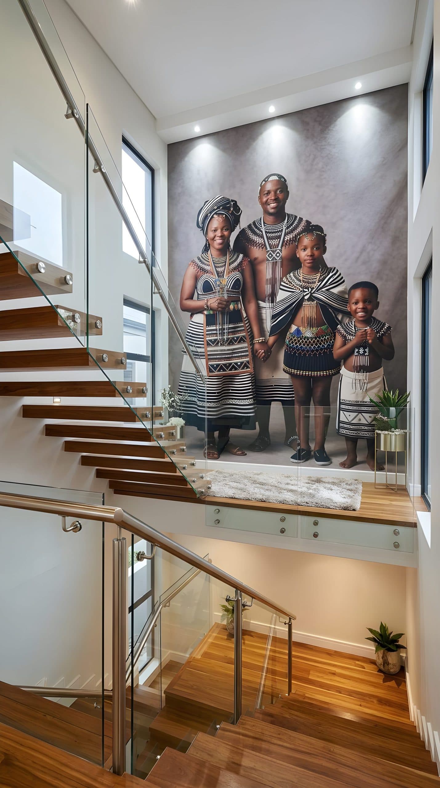 Family portrait wall mural in traditional attire at the top of a modern wooden staircase.