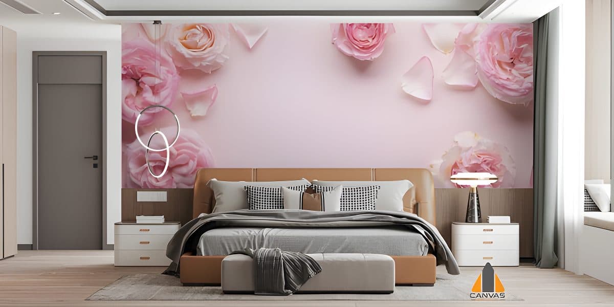 Pink rose wall mural in a modern bedroom, with expert wallpaper installations in Gauteng.