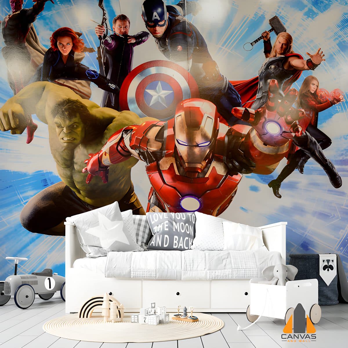 Superhero Action Blue Kids Bedroom Wallpaper