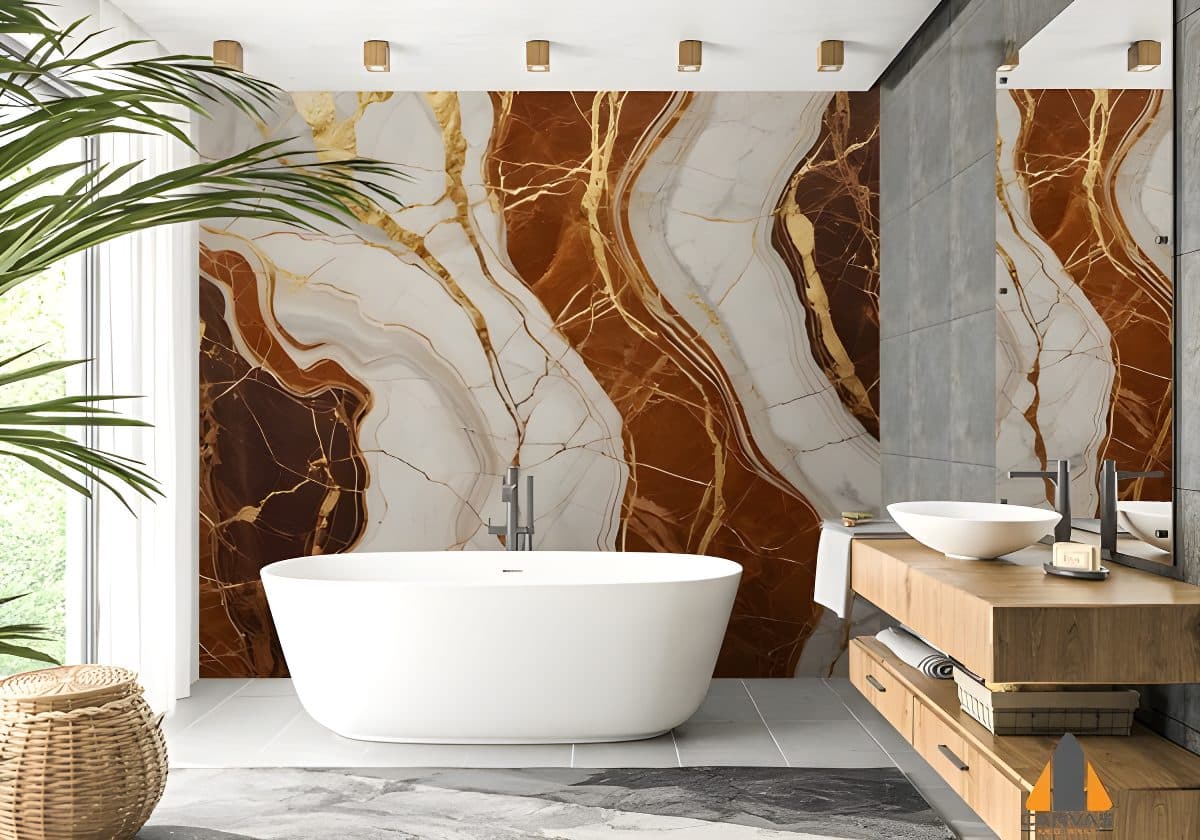 Brown and white marble wall mural with gold veins in a modern bathroom, perfect for custom wallpaper installations.
