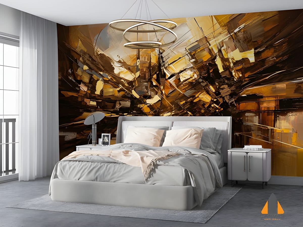Bedroom with abstract brown and gold wall mural above the bed, with white bedding and two bedside tables.
