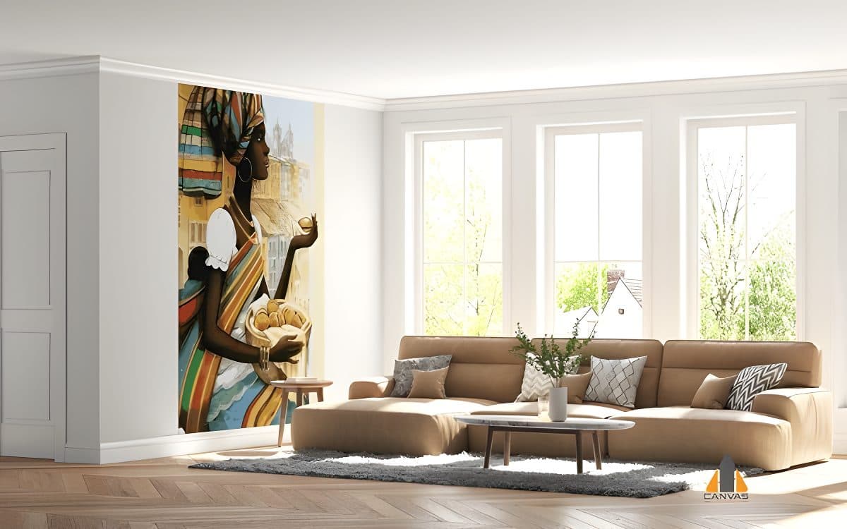 Vibrant cultural wall mural of a woman carrying baskets in a modern living room