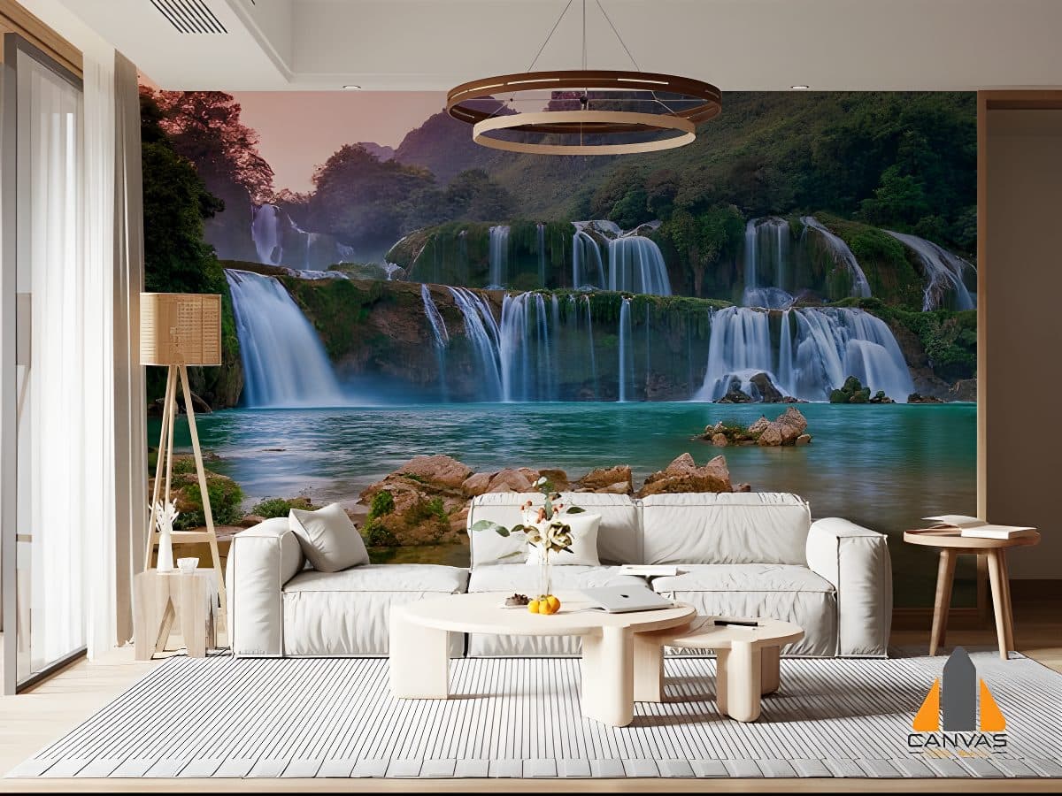 Waterfall wall mural in a modern living room, expertly installed by our team for wallpaper installations in Gauteng.