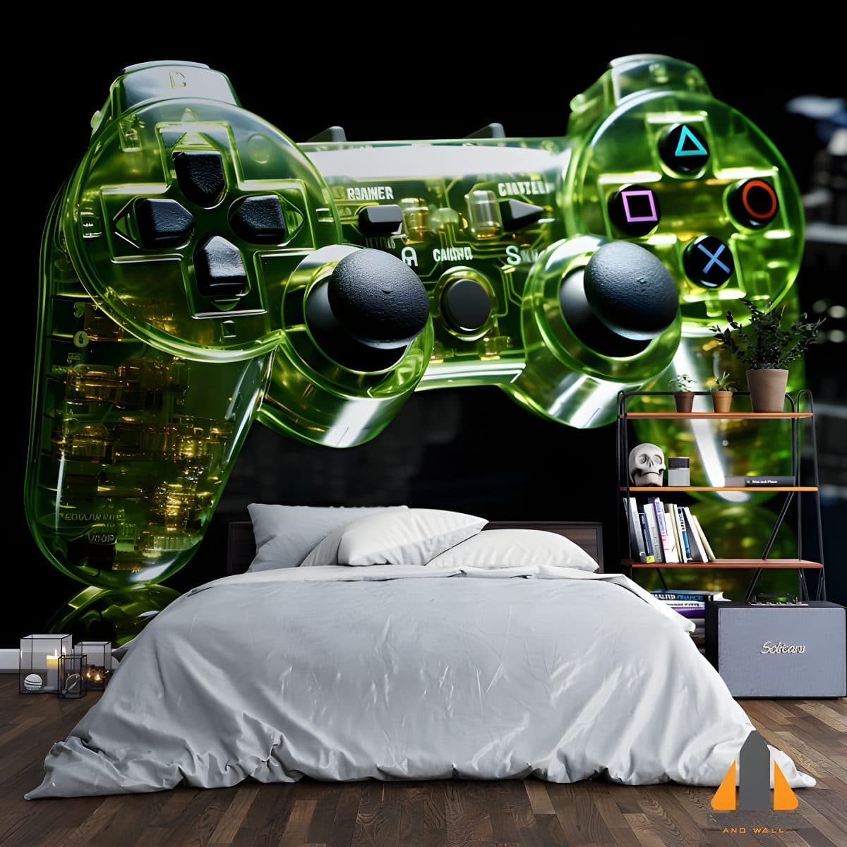 Massive luminous green transparent video game controller wall mural in a modern bedroom.