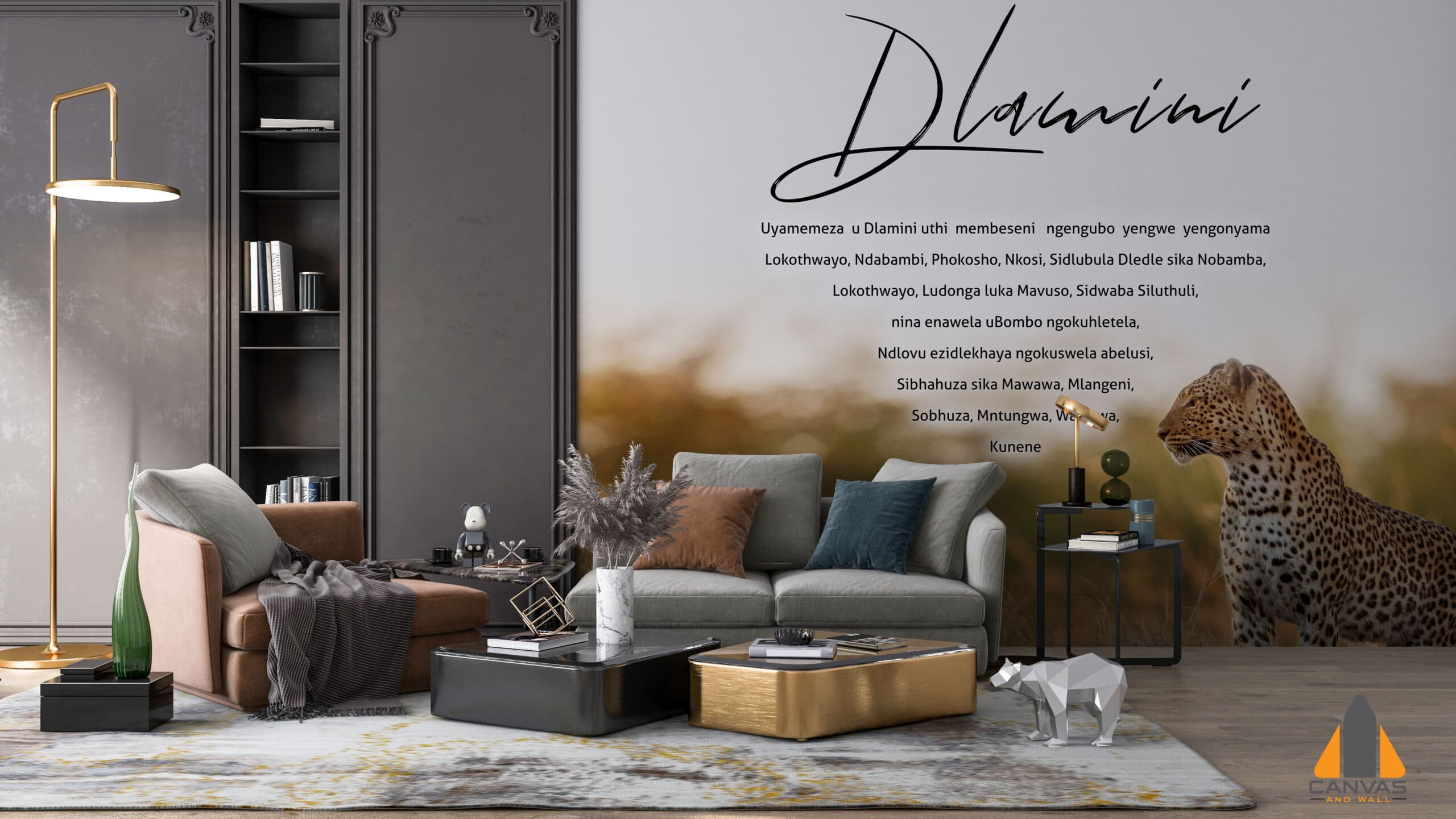 Leopard custom wallpaper installation in a modern living room with Dlamini clan names.