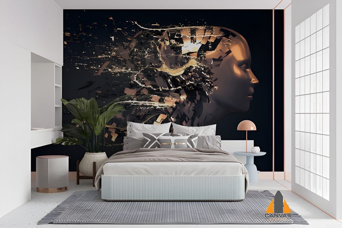 Exploding gold head wall mural in a modern bedroom, available with installations in Gauteng.