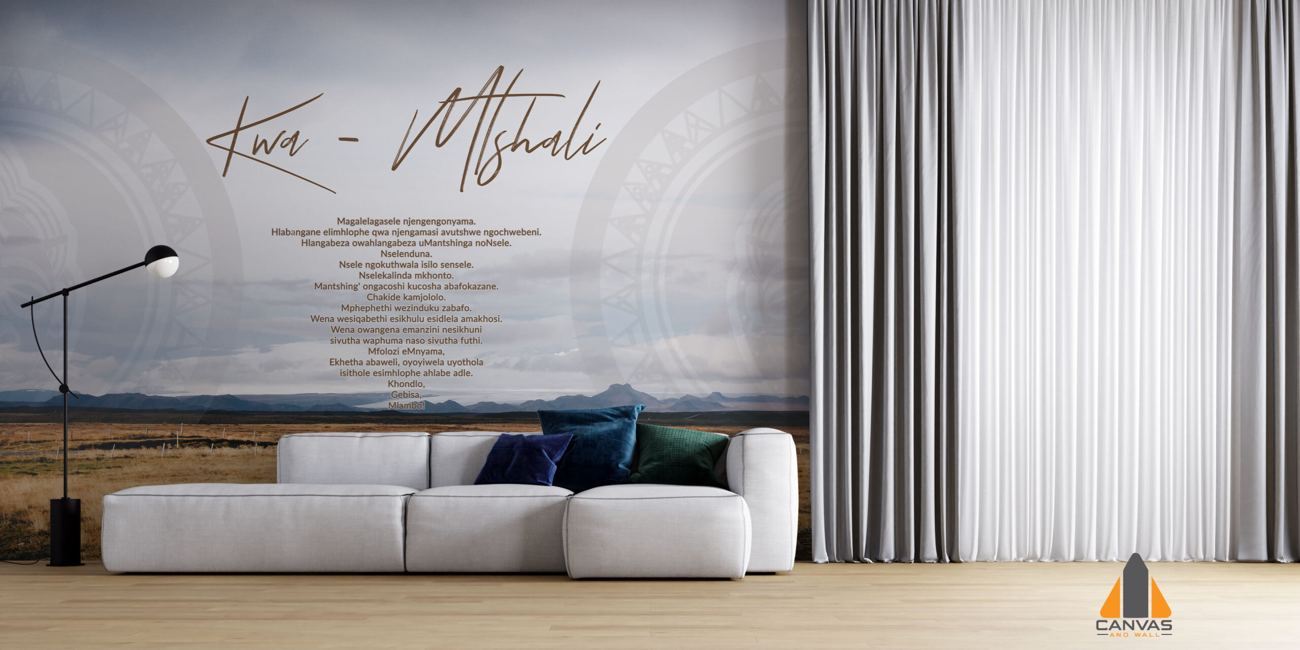 Kwa Mtshali clan names wall mural in a modern living room, with a scenic landscape and printed text.