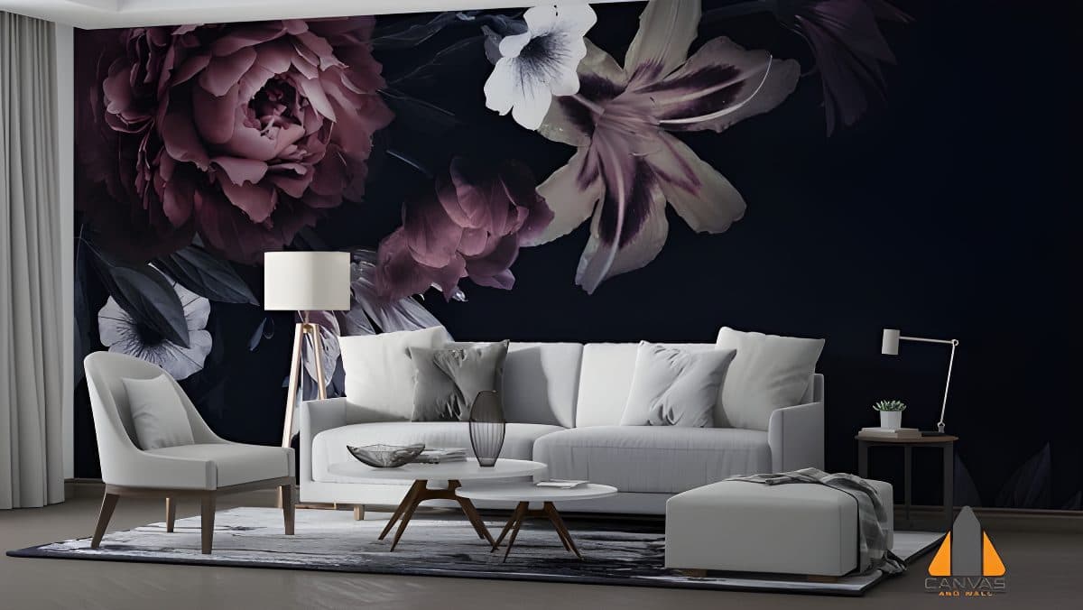 Dark floral wall mural in a modern living room, perfect for wallpaper installations in Gauteng.