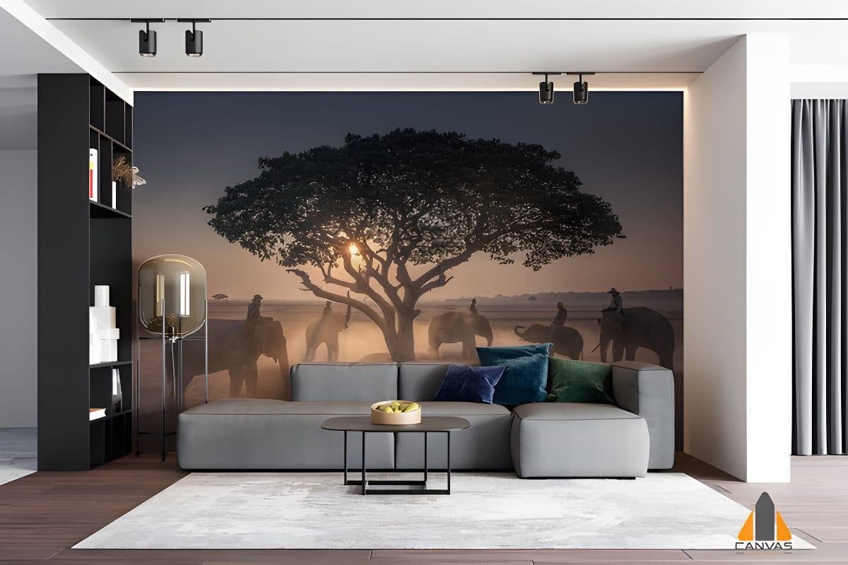 Sunset mahout with elephants wall mural in a modern living room, perfect for wallpaper installations in Gauteng.