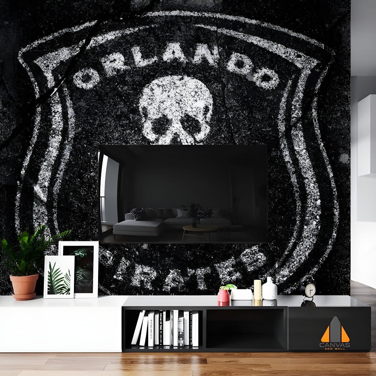 Orlando Pirates skull and bones logo wall mural in a modern living room for wallpaper installations Johannesburg.