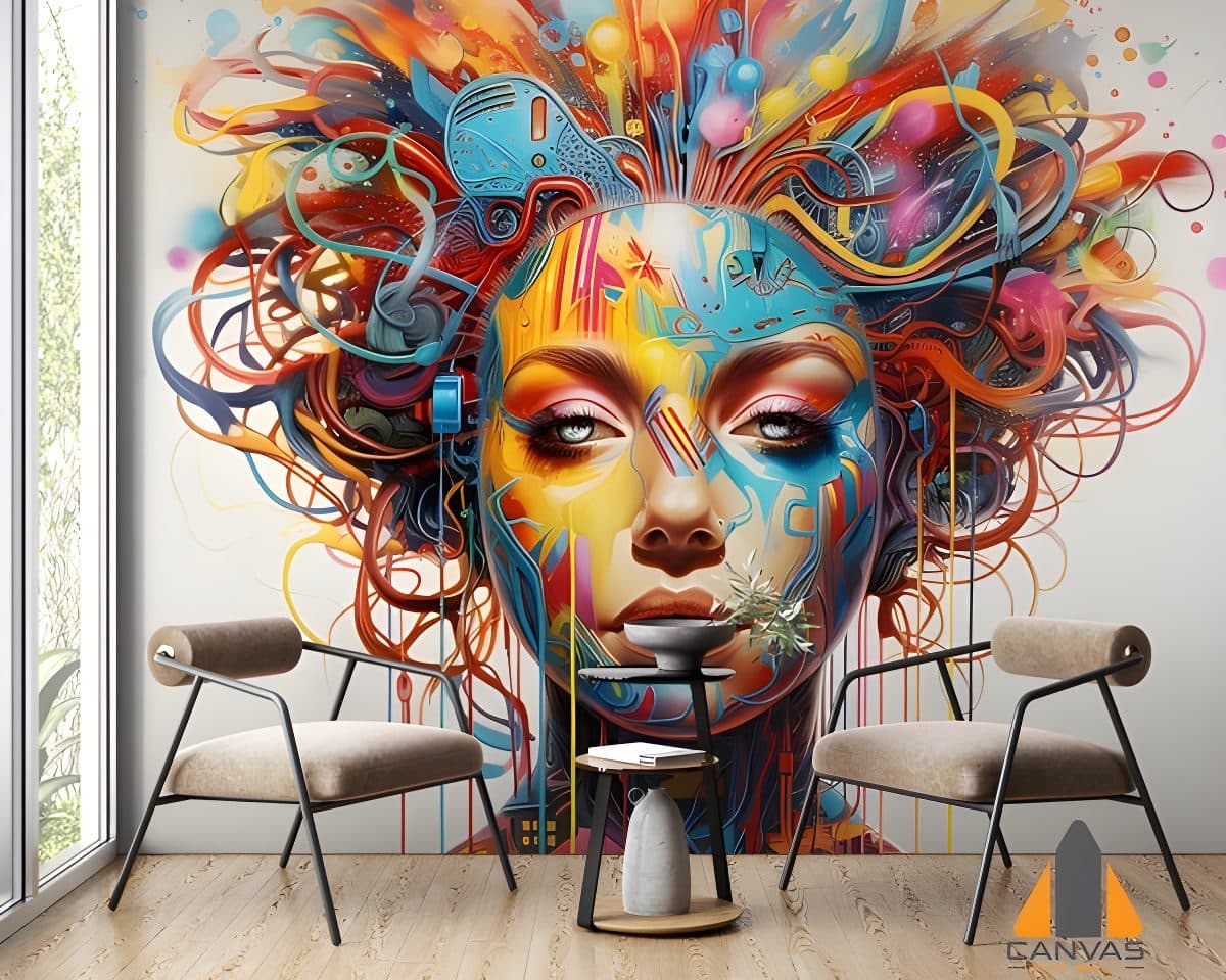 Vibrant abstract woman artwork wall mural in a modern office, ideal for wallpaper installations in Gauteng.