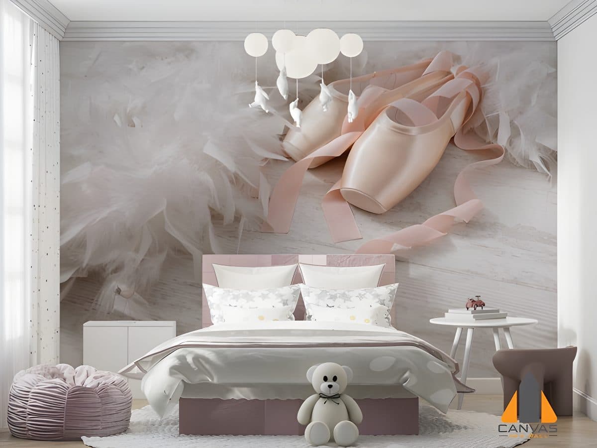 Pink ballet pointe shoes and white feathers wall mural in a child's bedroom; ideal for wallpaper installations in Gauteng.