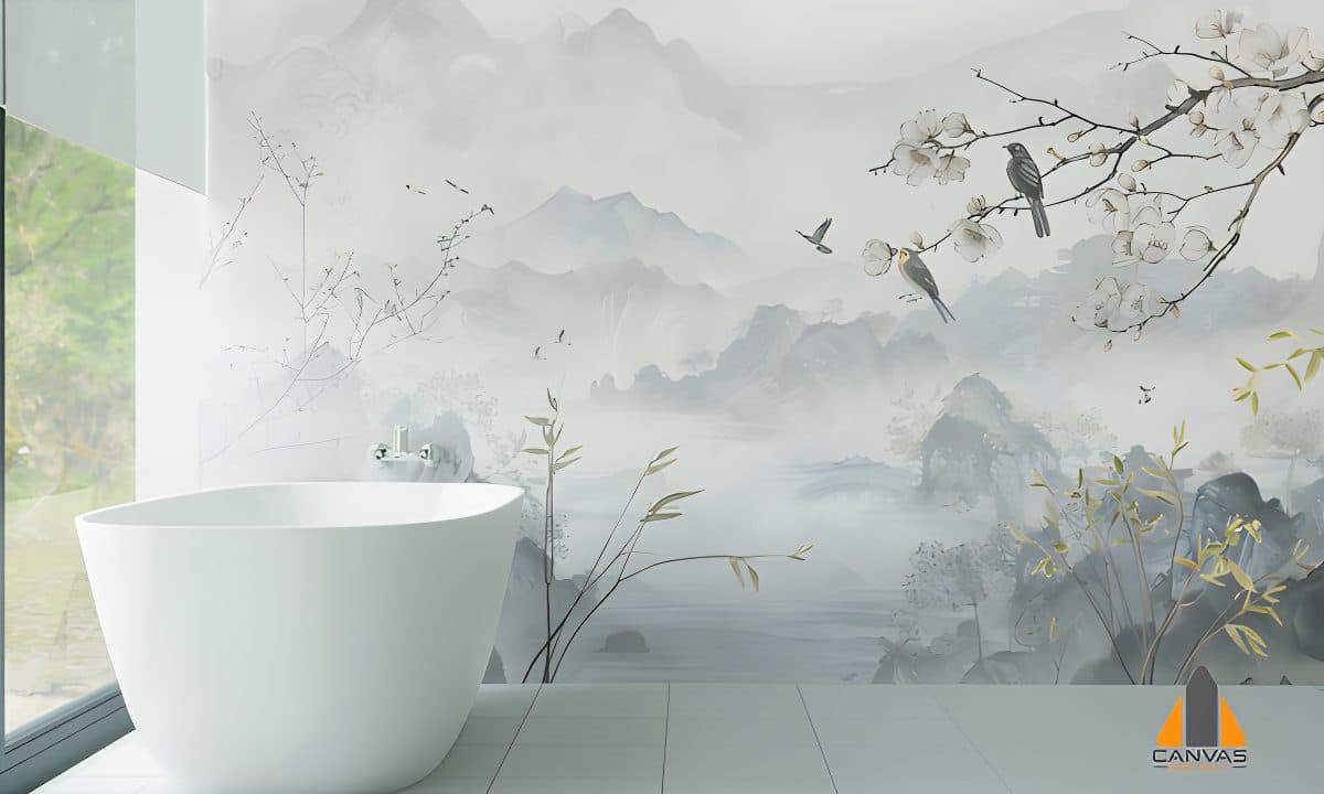 Chinoiseries misty bird landscape wallpaper