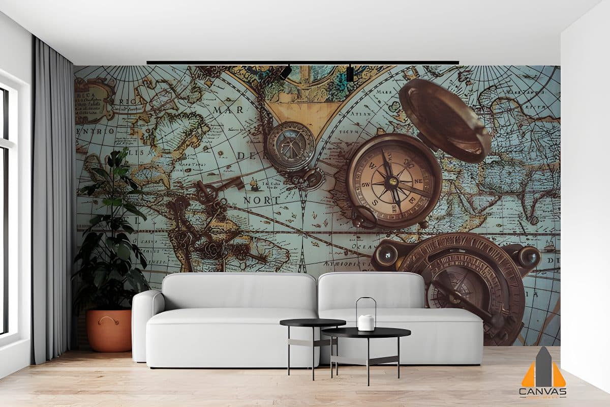 Vintage map and compass wall mural in a modern living room, perfect for wallpaper installations in Gauteng.