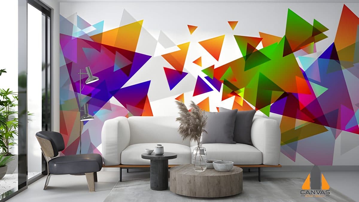 A vibrant triangular wall mural in a modern living room, perfect for wallpaper installations in Gauteng.