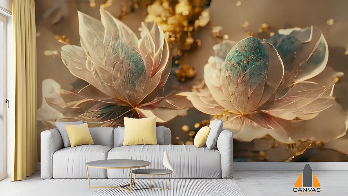 Opulent lotus wall mural in a modern living room, perfect for wallpaper installations in Gauteng.