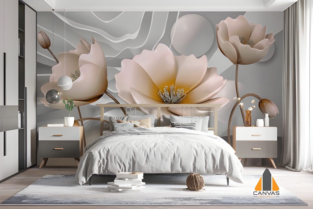 Large 3D light pink flowers on a grey wall mural in a modern bedroom with a large bed.