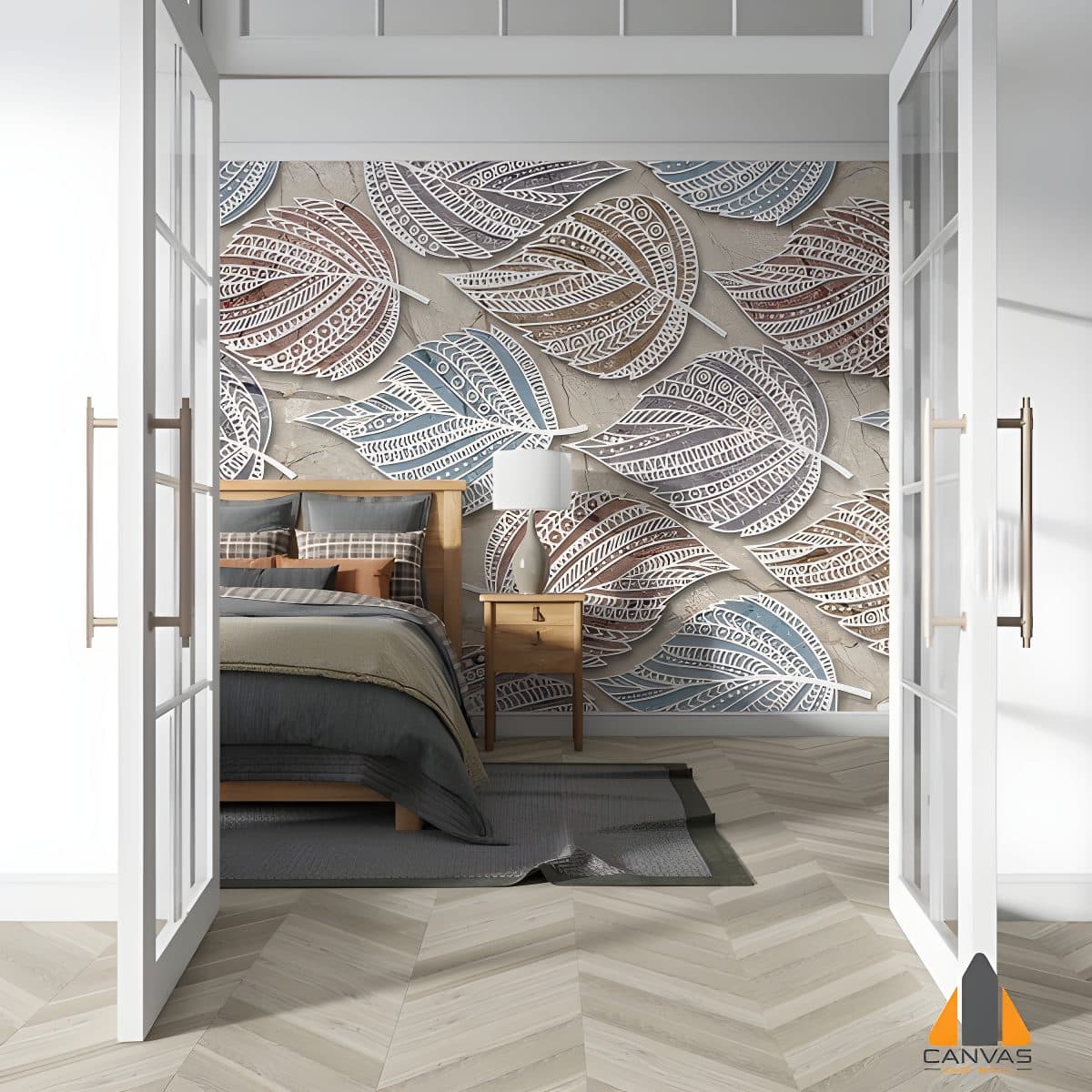 Bedroom with a textured leaf pattern wall mural, as seen through open French doors.