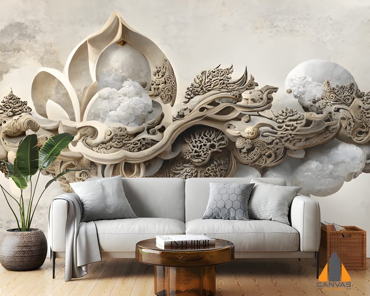 Intricate stone carving wall mural in a modern living room setting, ideal for wallpaper installations in Gauteng.