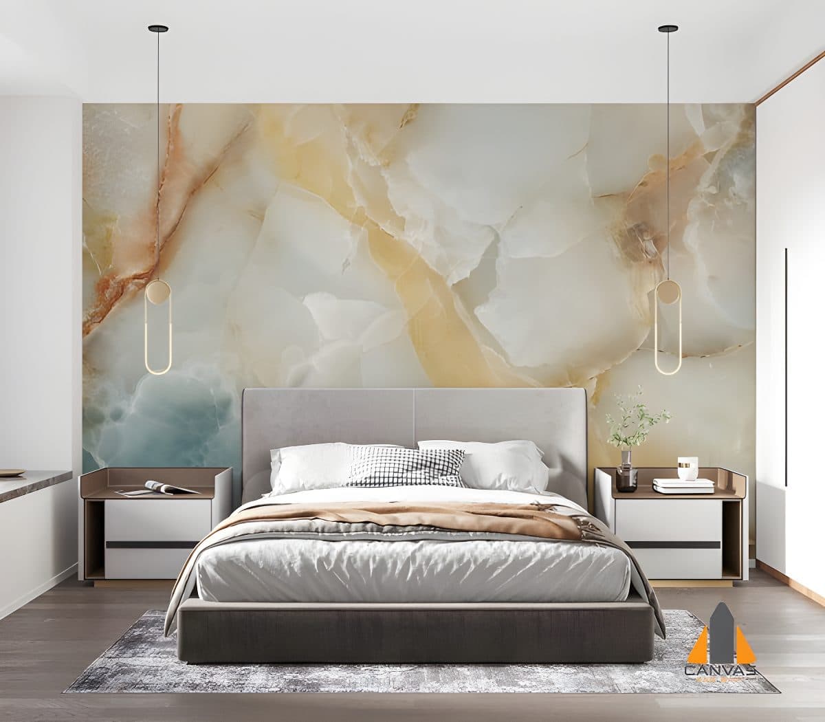 Bedroom with a large marble-effect wall mural above the bed, also available for wallpaper installations in Gauteng.