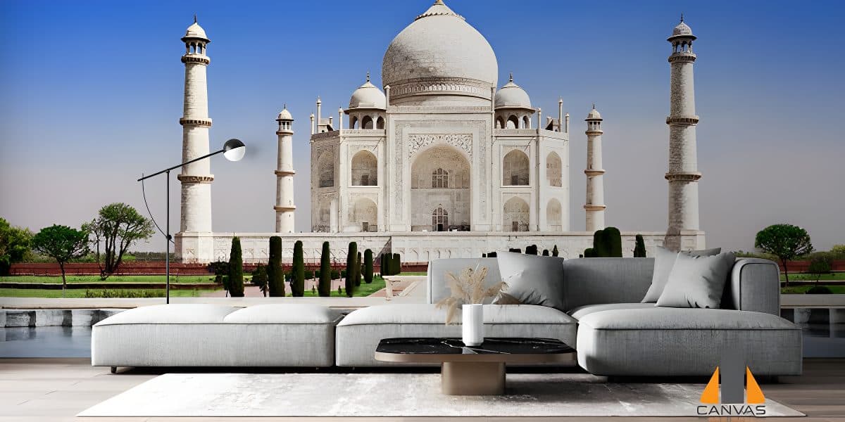 Taj Mahal wall mural in a modern living room, perfect for wallpaper installations in Gauteng.