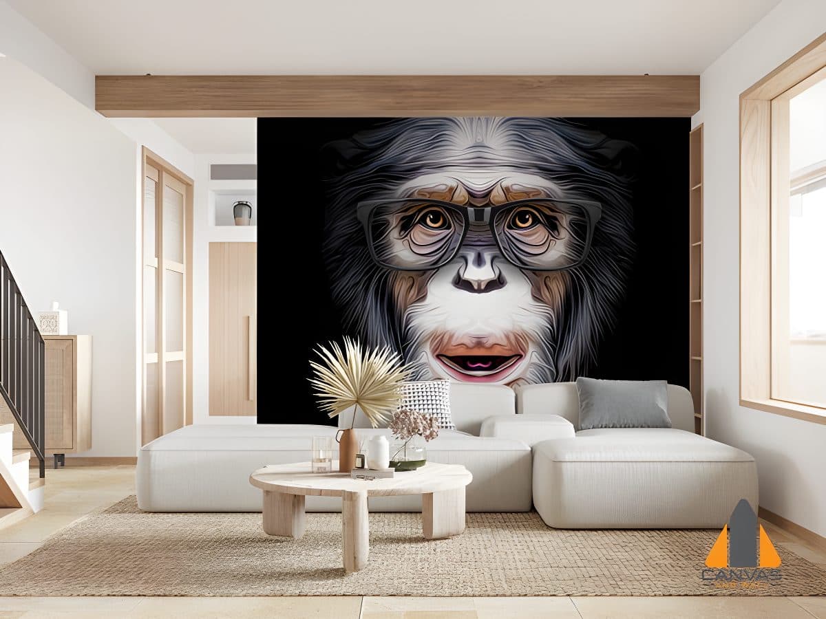 Chimpanzee wearing glasses wall mural in a modern living room, perfect for wallpaper installations Johannesburg.