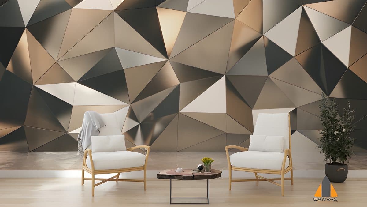 Geometric metallic wall mural in a modern living room, perfect for wallpaper installations in Gauteng.