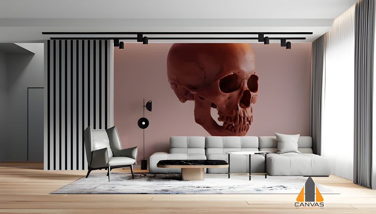 Large skull wall mural in a modern lounge, showcasing a unique wallpaper installation in Gauteng.