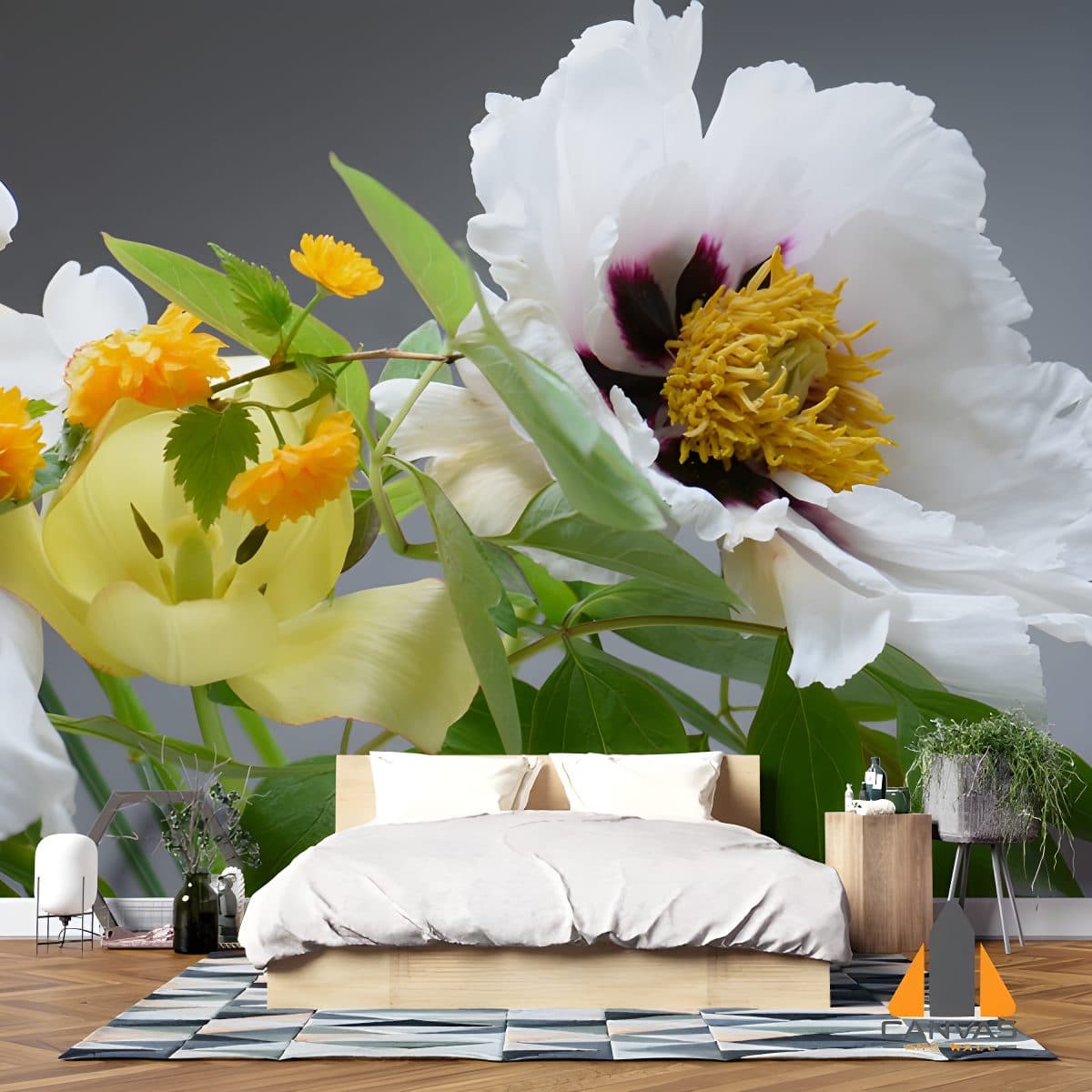 Spring bouquet flower wall mural in a modern bedroom, perfect for wallpaper installations in Gauteng.