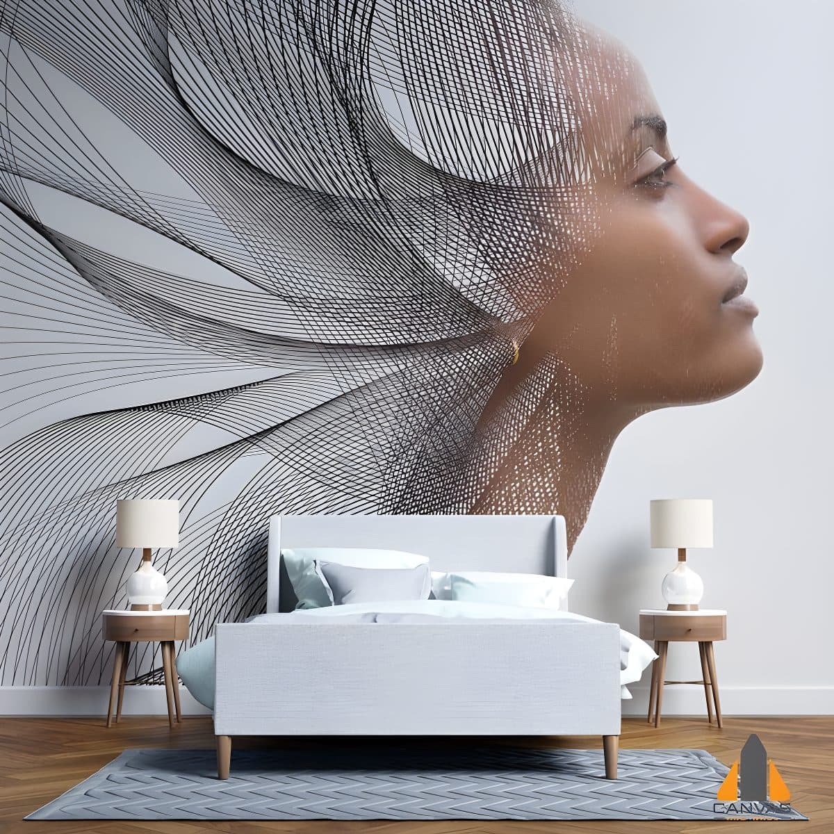 Digital graphic woman on a wall mural in a modern bedroom, with expert wallpaper installations in Gauteng.