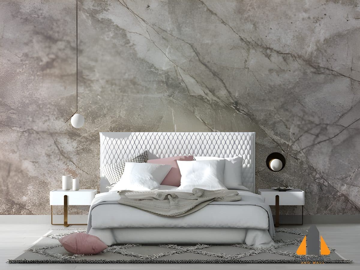Cracked texture wall mural in a modern bedroom with a white bed and minimalist lighting.