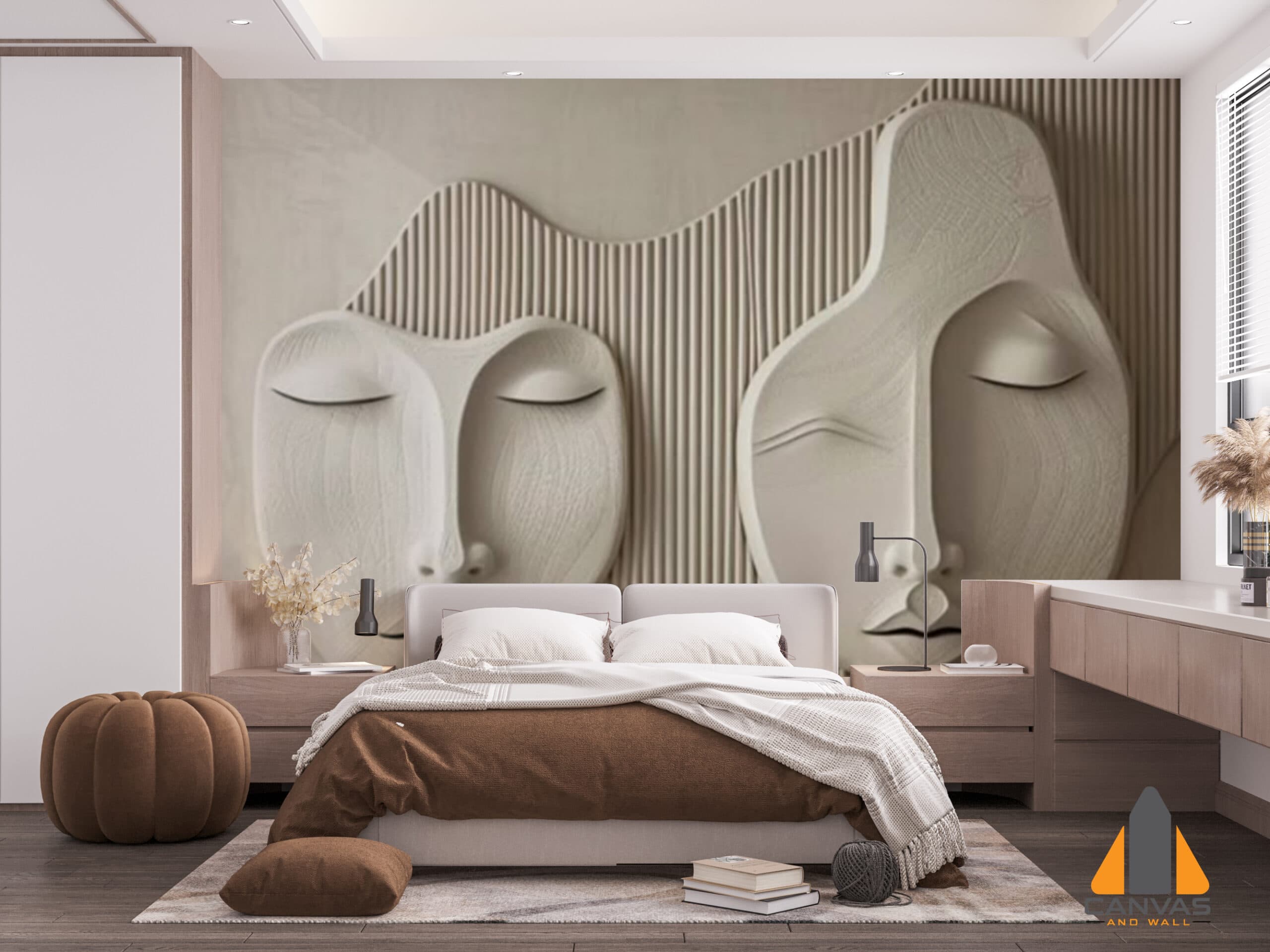 Bedroom with large 3D Art Faces reimagined wall mural behind the bed for custom wallpaper installation.
