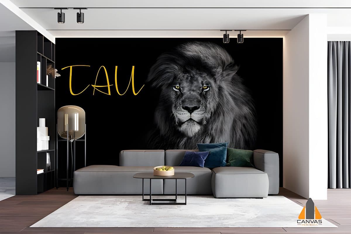 Monochromatic lion wall mural in a modern living room, perfect for wallpaper installations in Gauteng.