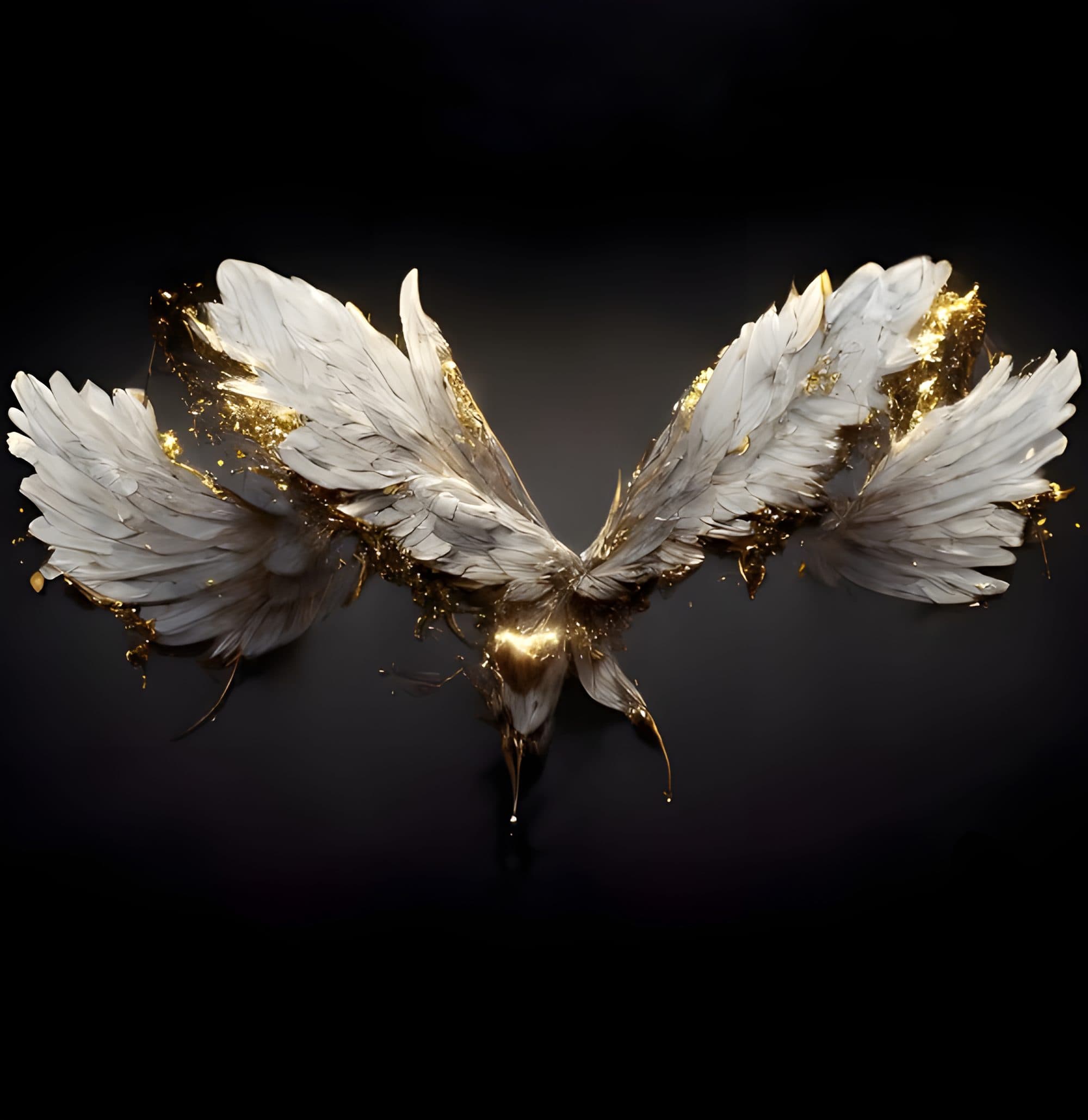 Dramatic wallpaper design of white wings with dripping gold accents on a dark background.