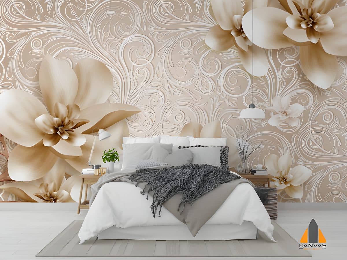 Bedroom with large gold floral and scroll 3D effect wall mural design, ideal for wallpaper installations in Gauteng.