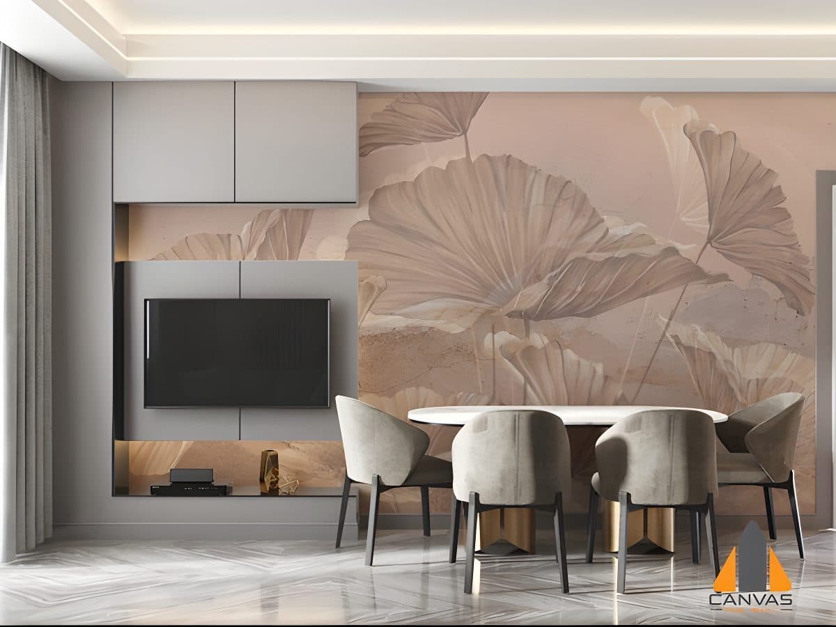 Botanical wall mural in a modern dining area, showcasing our exquisite custom wallpaper. Installations in Gauteng.