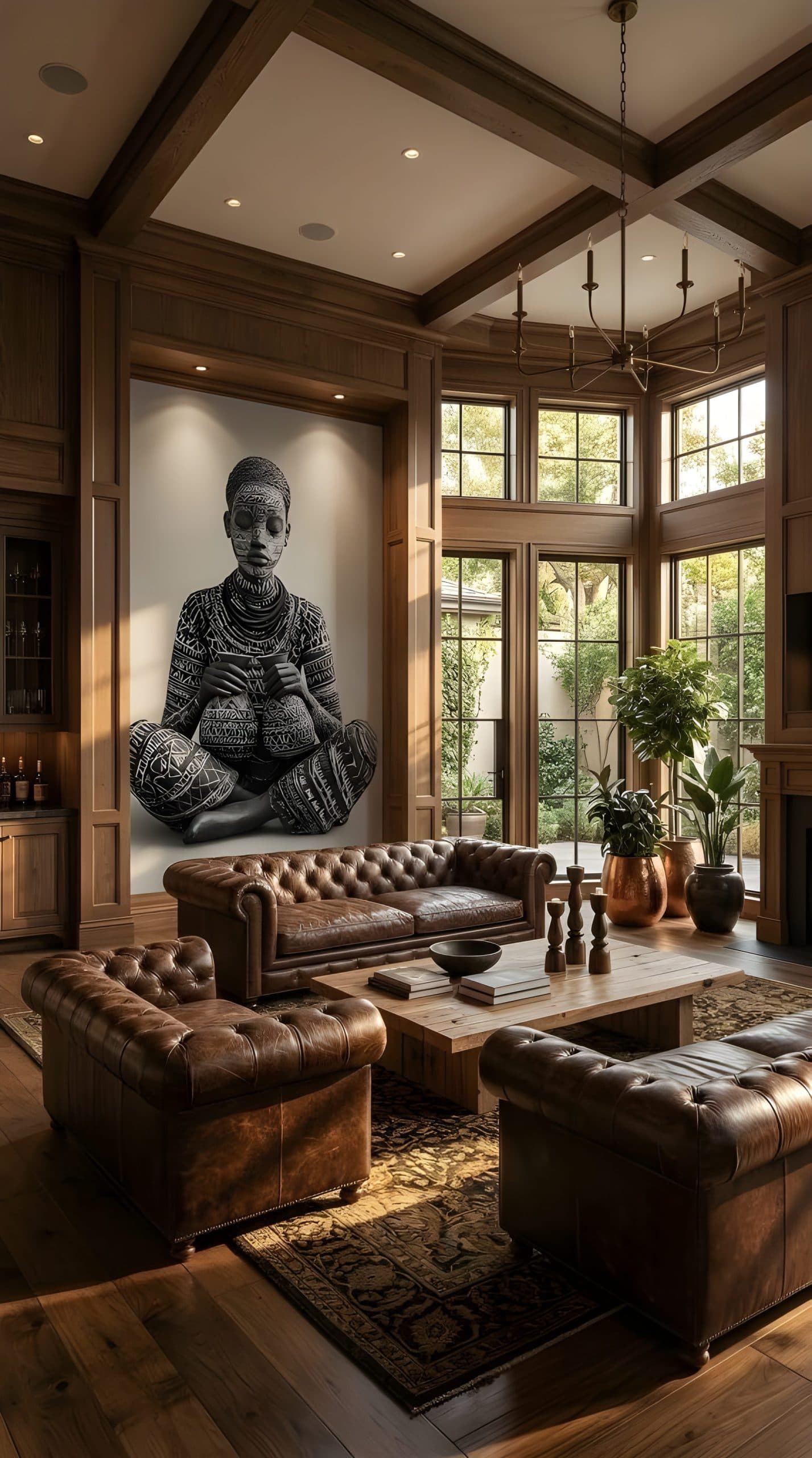Tribal Woman in Meditation wall mural in a grand living room with leather sofas.