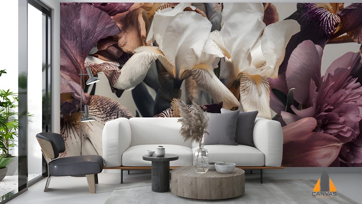 Dramatic floral wall mural with large irises and peonies in a modern living room setting.