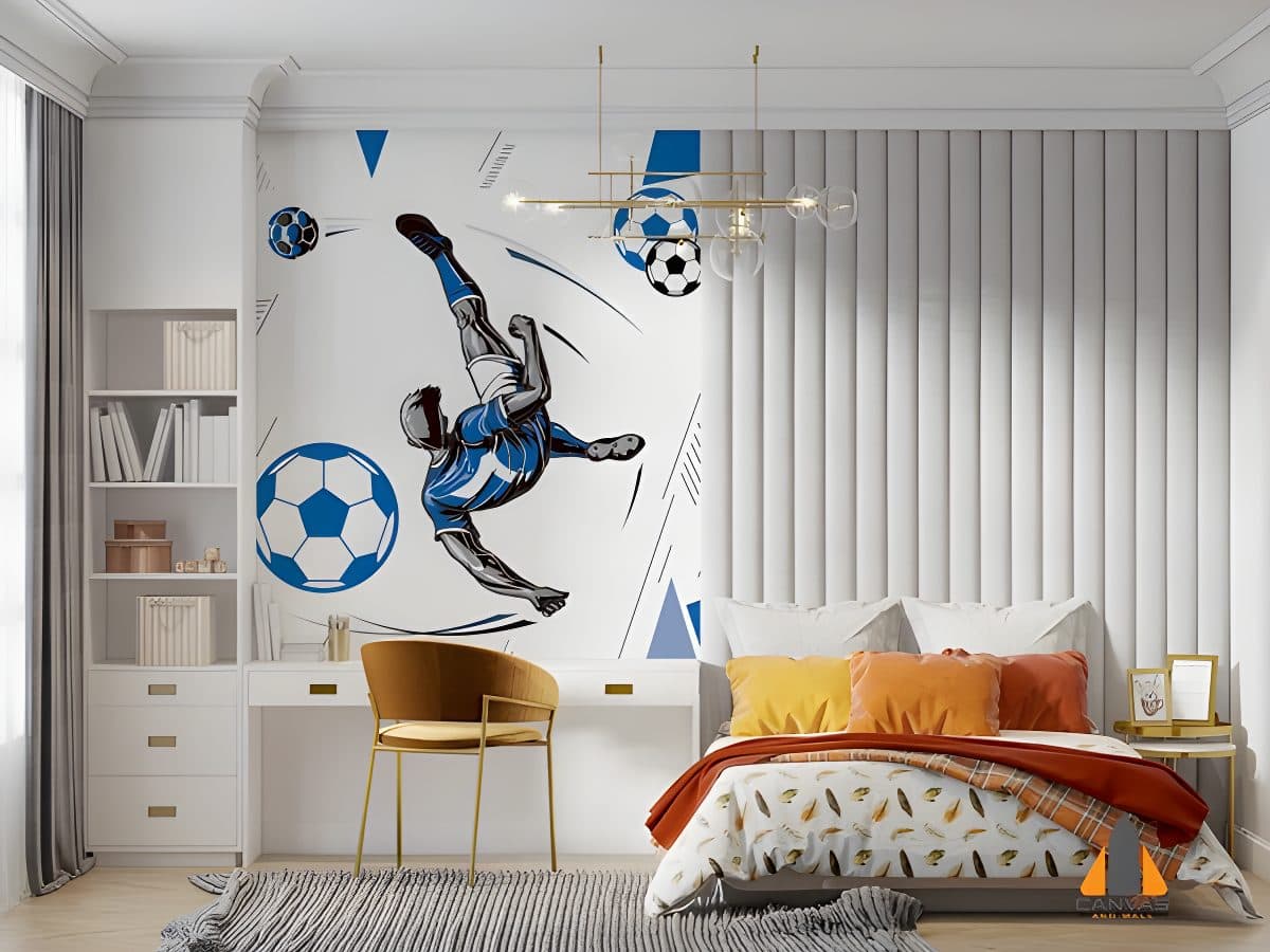 Soccer player kicking ball wall mural in a child's bedroom. Get wallpaper installations in Gauteng.