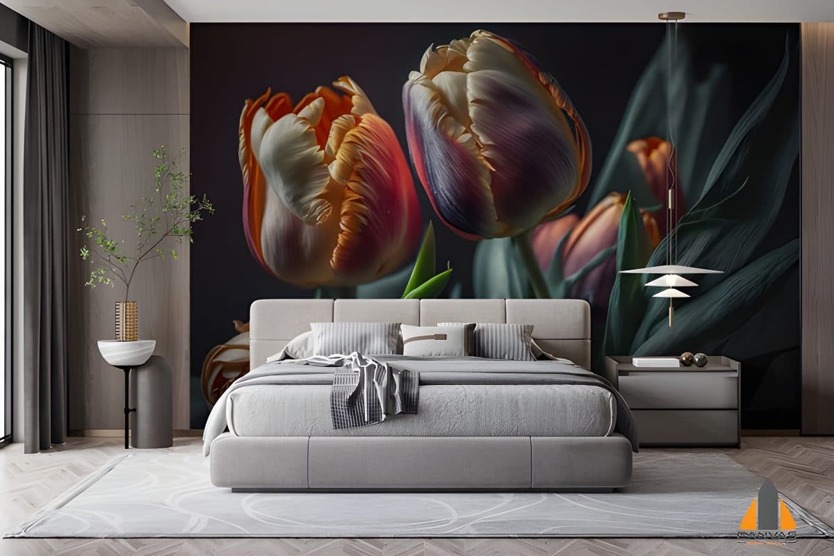 Vibrant red tulip wall mural in a modern bedroom, offering wallpaper installations in Gauteng.
