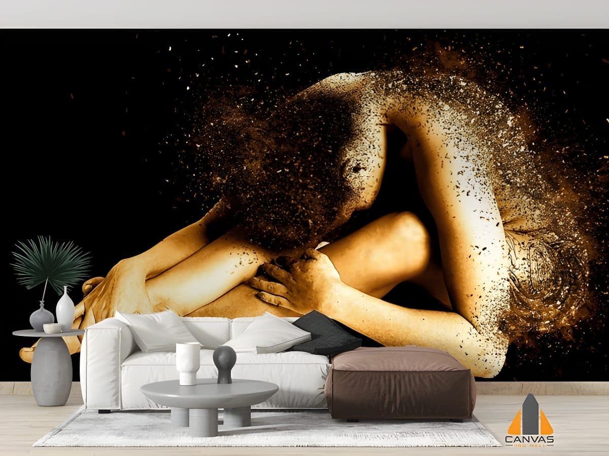 Ethereal woman dissolving into golden fragments, a stunning wall mural in a modern living room.