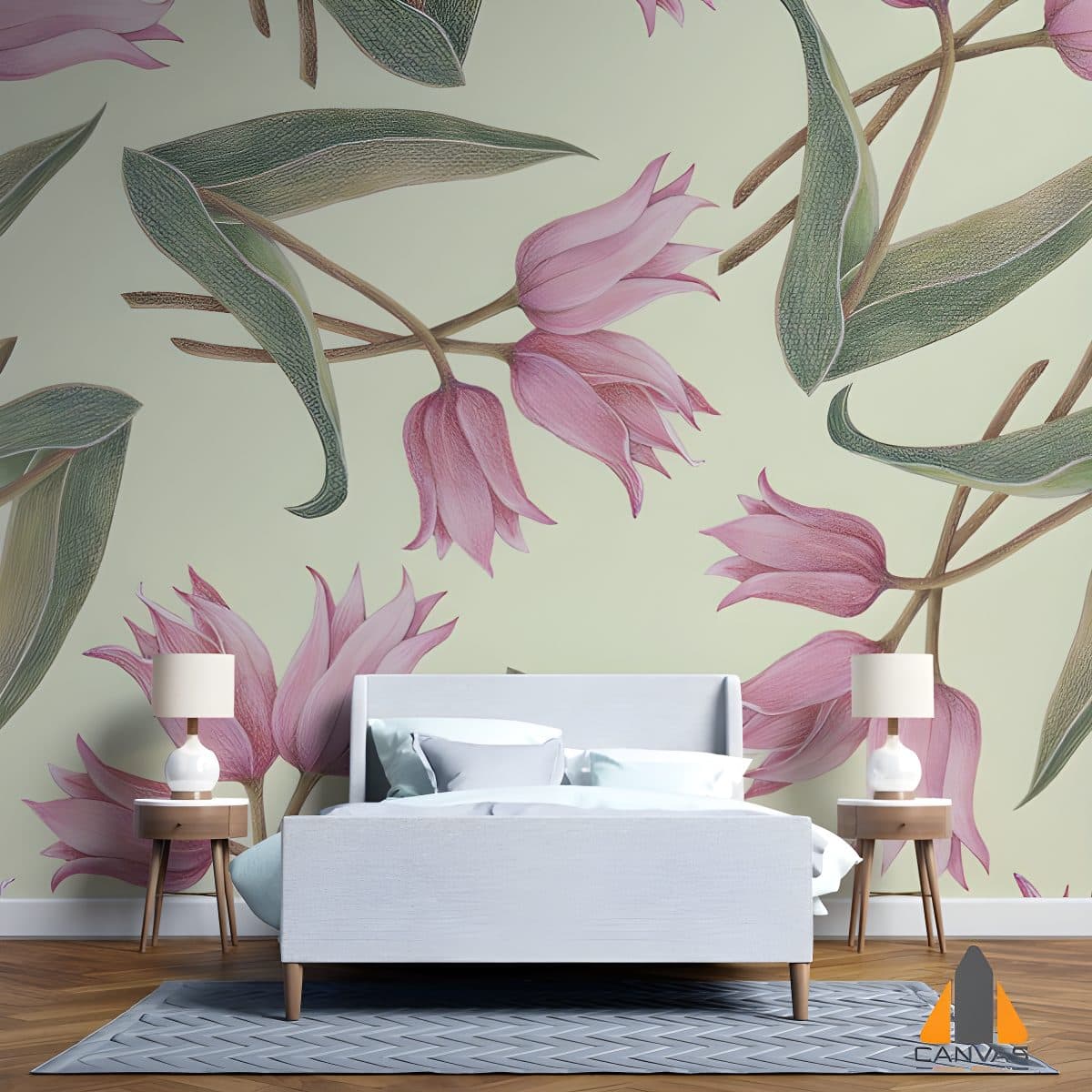 Pink tulip wall mural in a bedroom with a grey bed and two bedside tables.