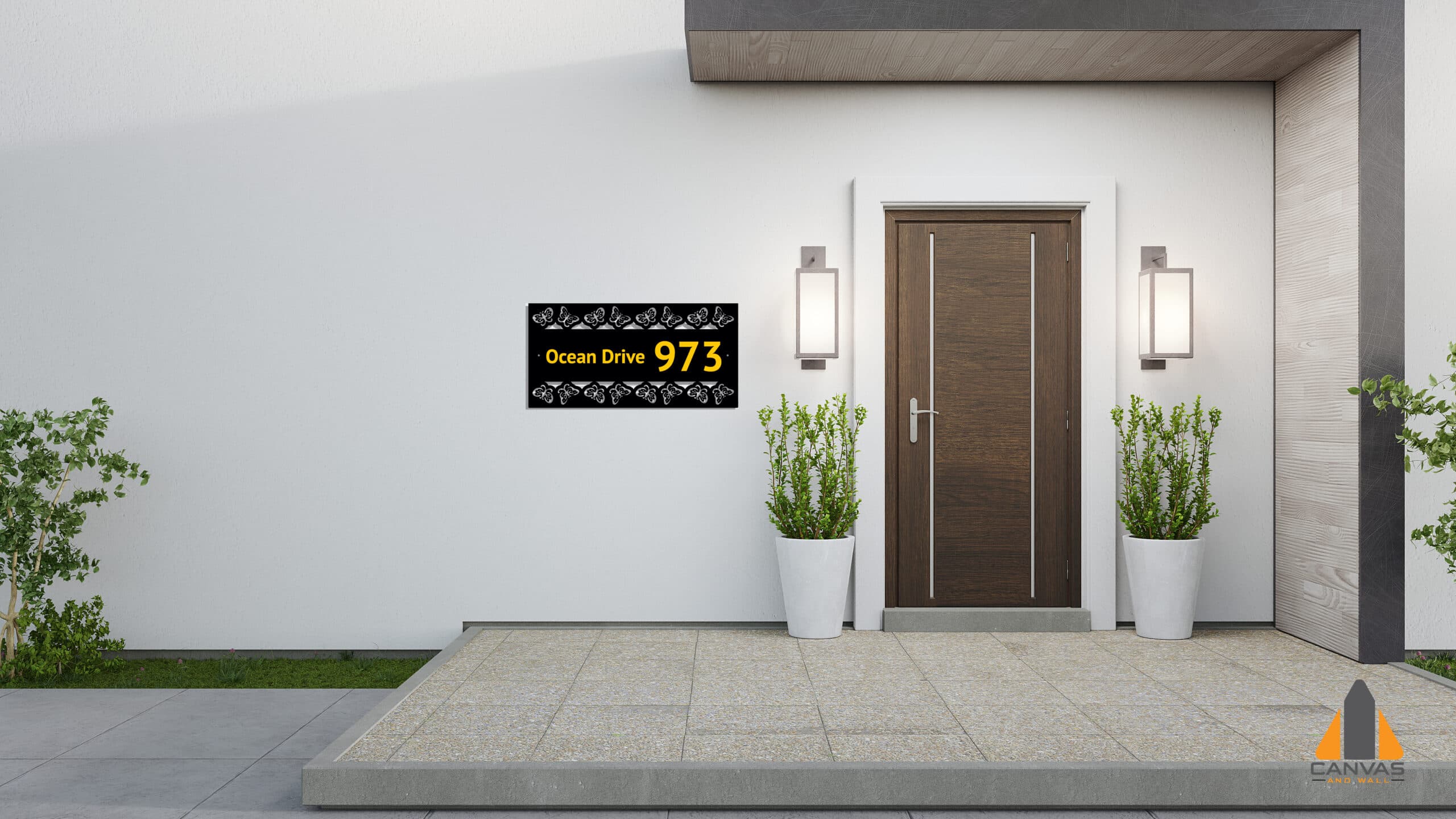 Custom address sign with ocean drive and house number, ideal with any custom wallpaper installation.
